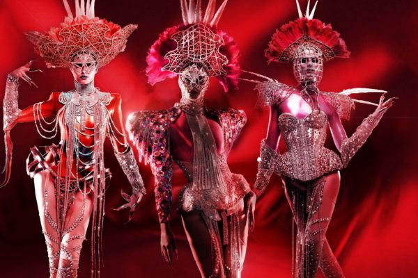 Collection of red sparkle and feather costume design